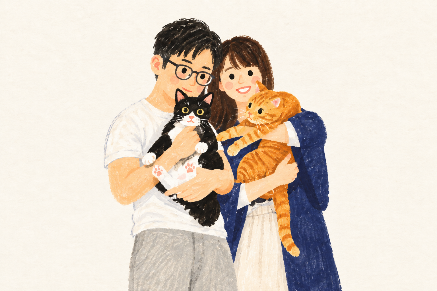 A warm storybook illustration of Ngan In and Chi Wo holding their black-and-white cat and orange tabby.