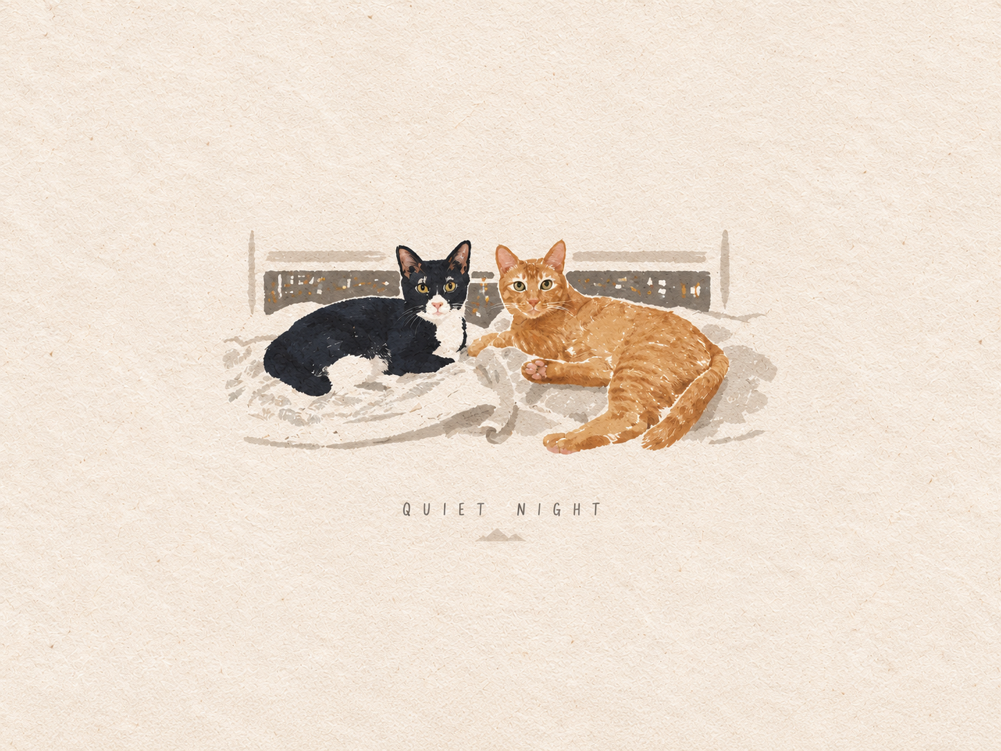 A black-and-white cat and an orange tabby resting together on textured paper, with the words Quiet Night.